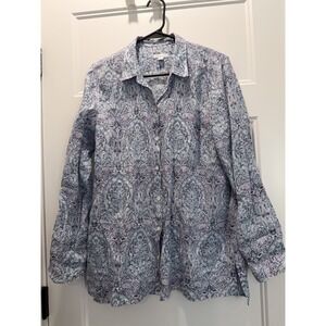 J Jill Love Linen Blue Purple Paisley Print Essential Button Up L/S Shirt Size M